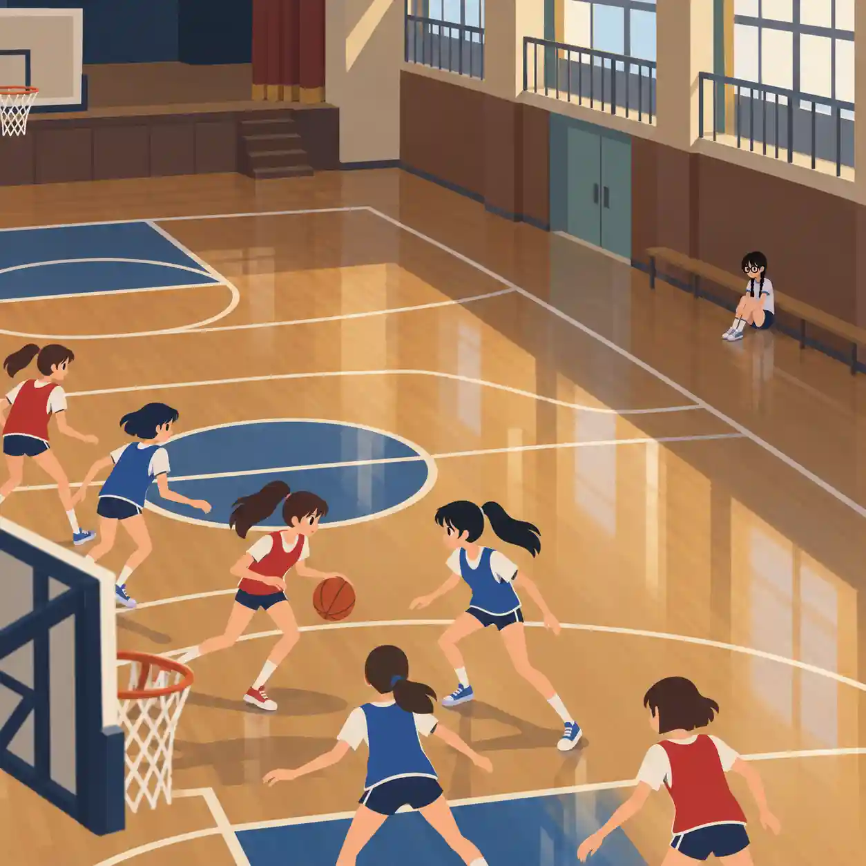 試合に出してもらえずコートの外に座っている女子