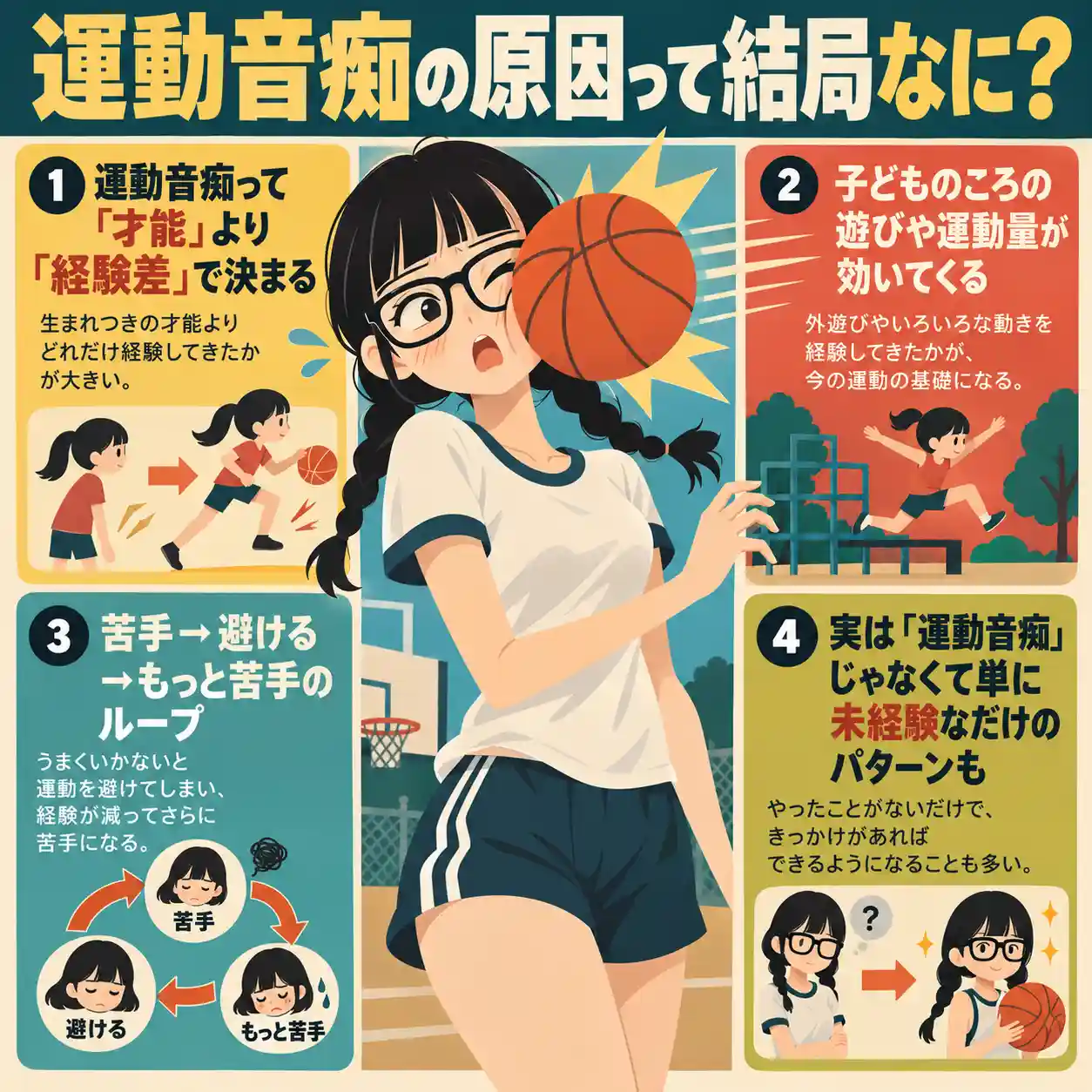 運動音痴の原因を、経験差・子どもの頃の運動量・苦手を避ける悪循環・未経験の4点で解説する図解
