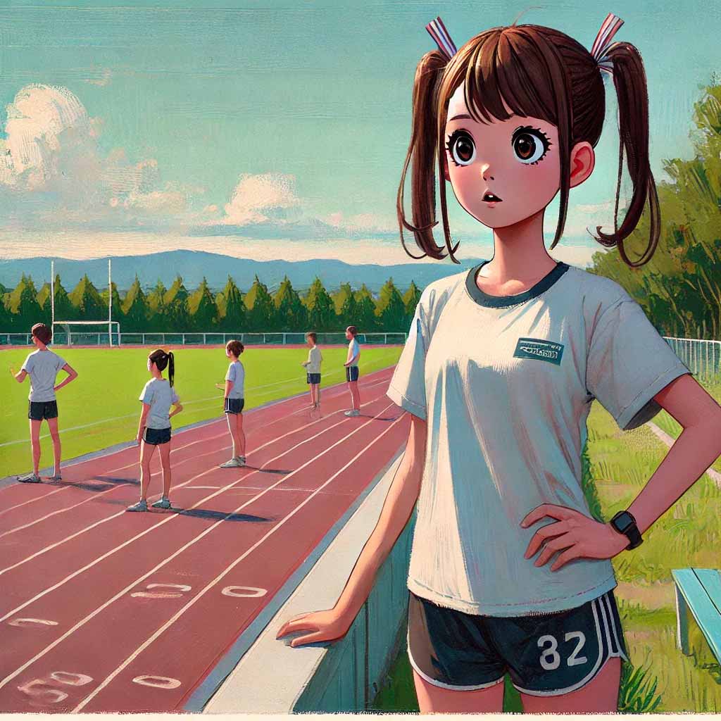 陸上部の練習を見ている中学生女子