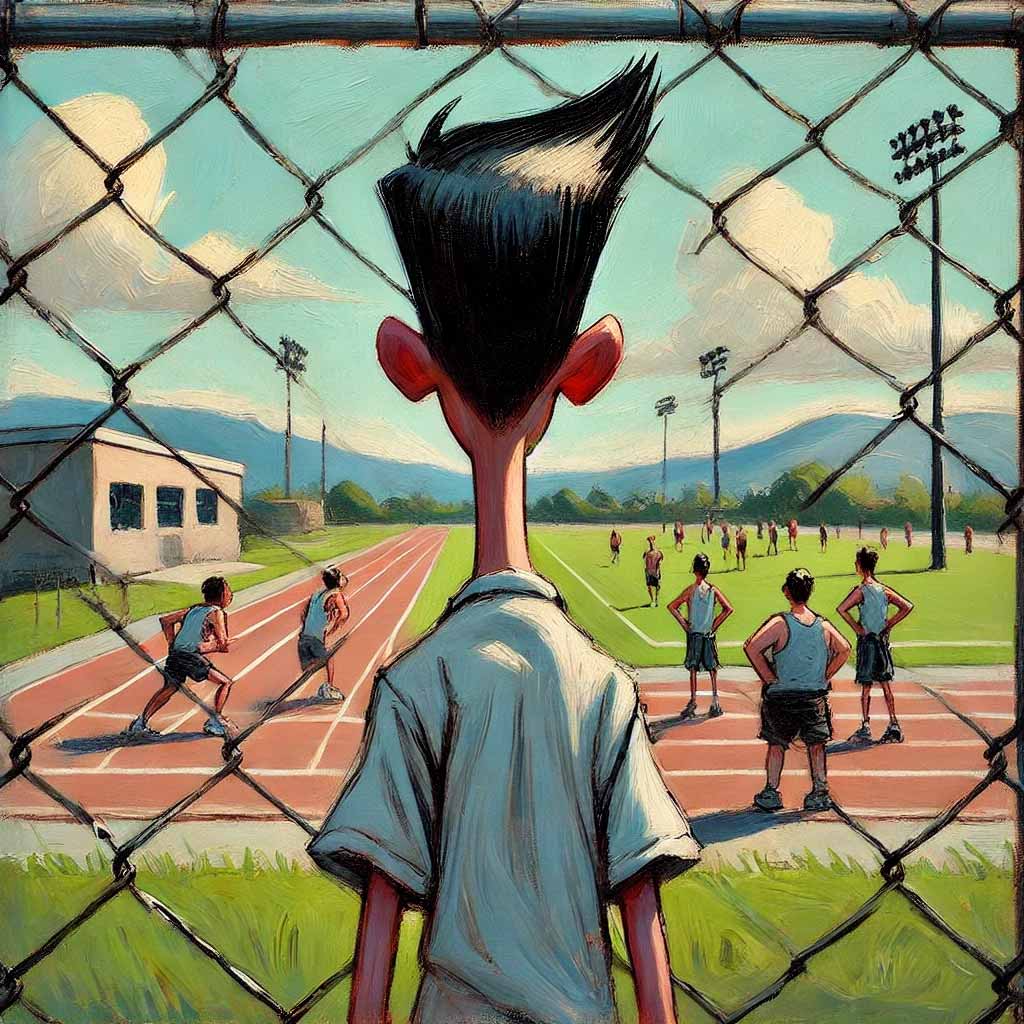 陸上部の練習を金網越しに見ている中学生男子