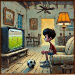 サッカーの試合をテレビで見ている中学生男子