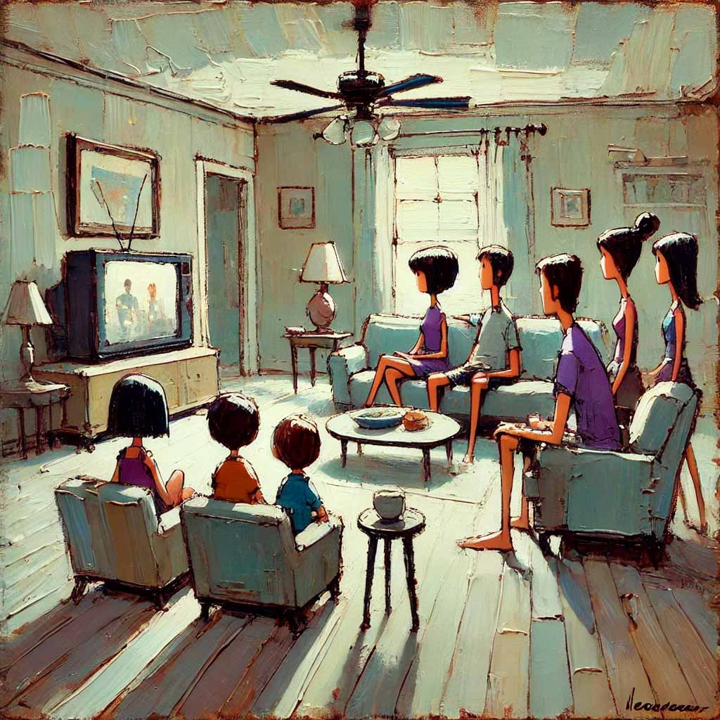 リビングで家族とテレビを見る