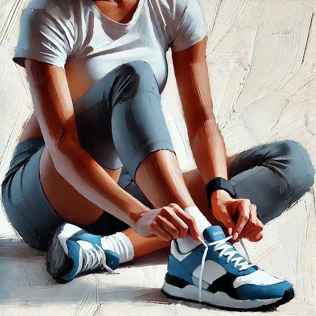 シューレースをしめる中学生女子