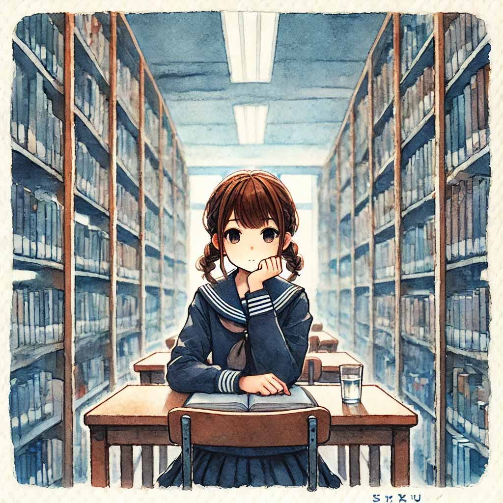図書館で物思い　中学生女子