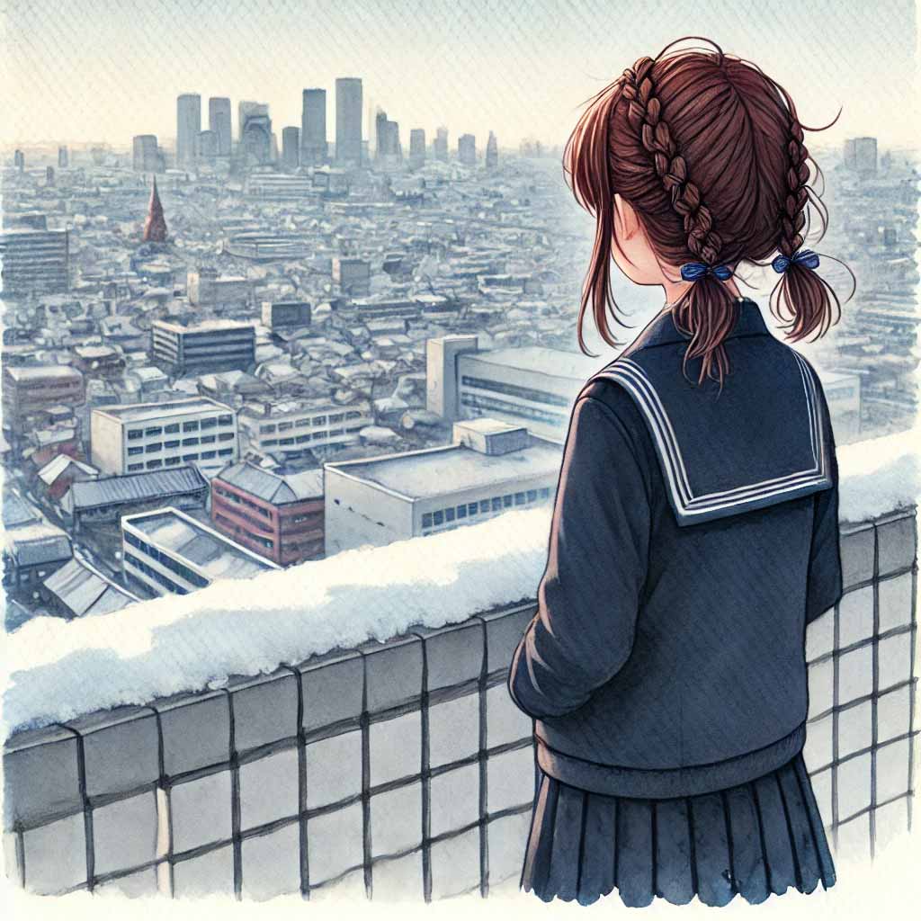 学校の屋上から　彼の家の方向を見ている女子