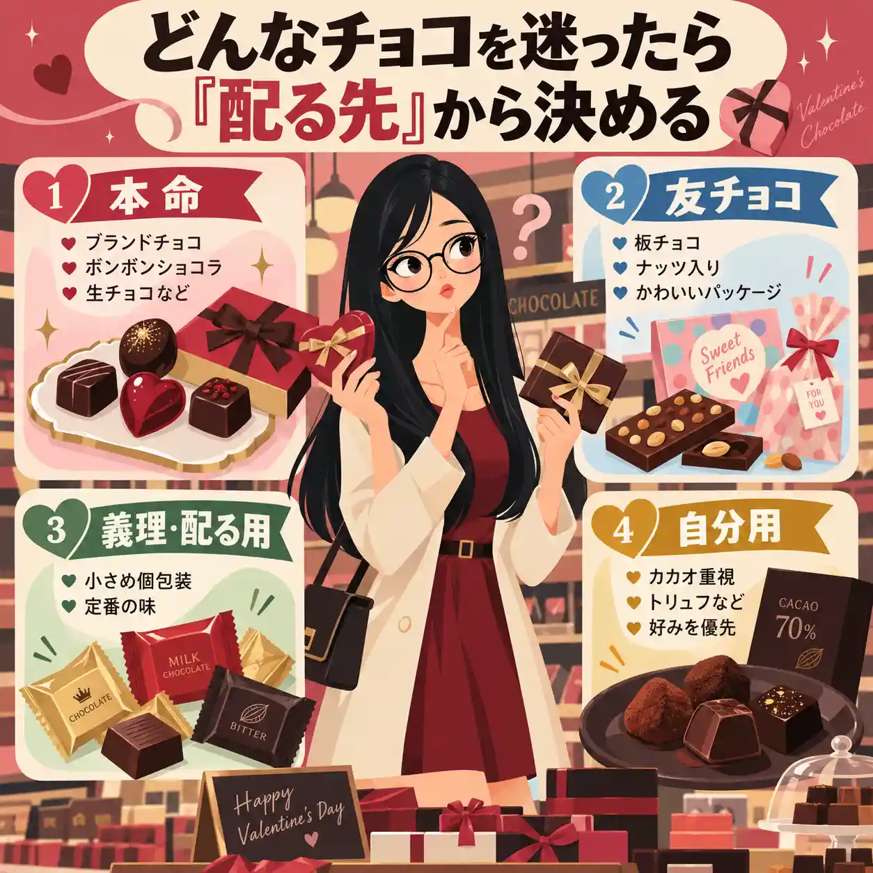 本命・友チョコ・義理・自分用の4分類で、相手別におすすめのバレンタインチョコを紹介する女性のインフォグラフィック。