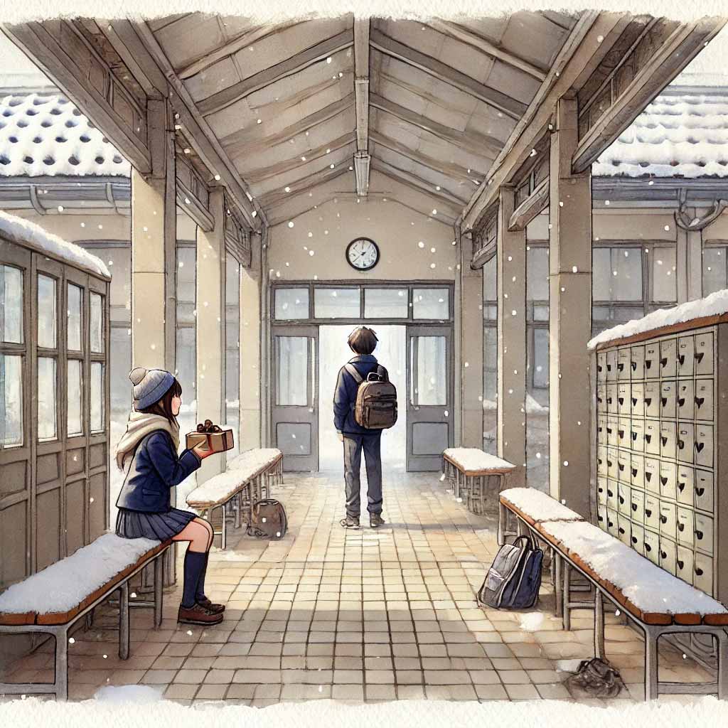 昇降口でチョコをもらう男子