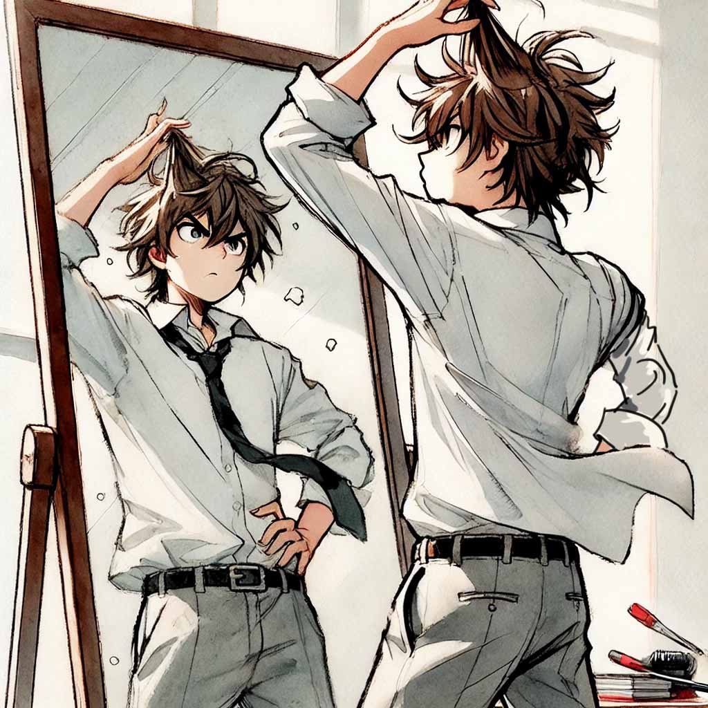 髪の毛を整える男子 