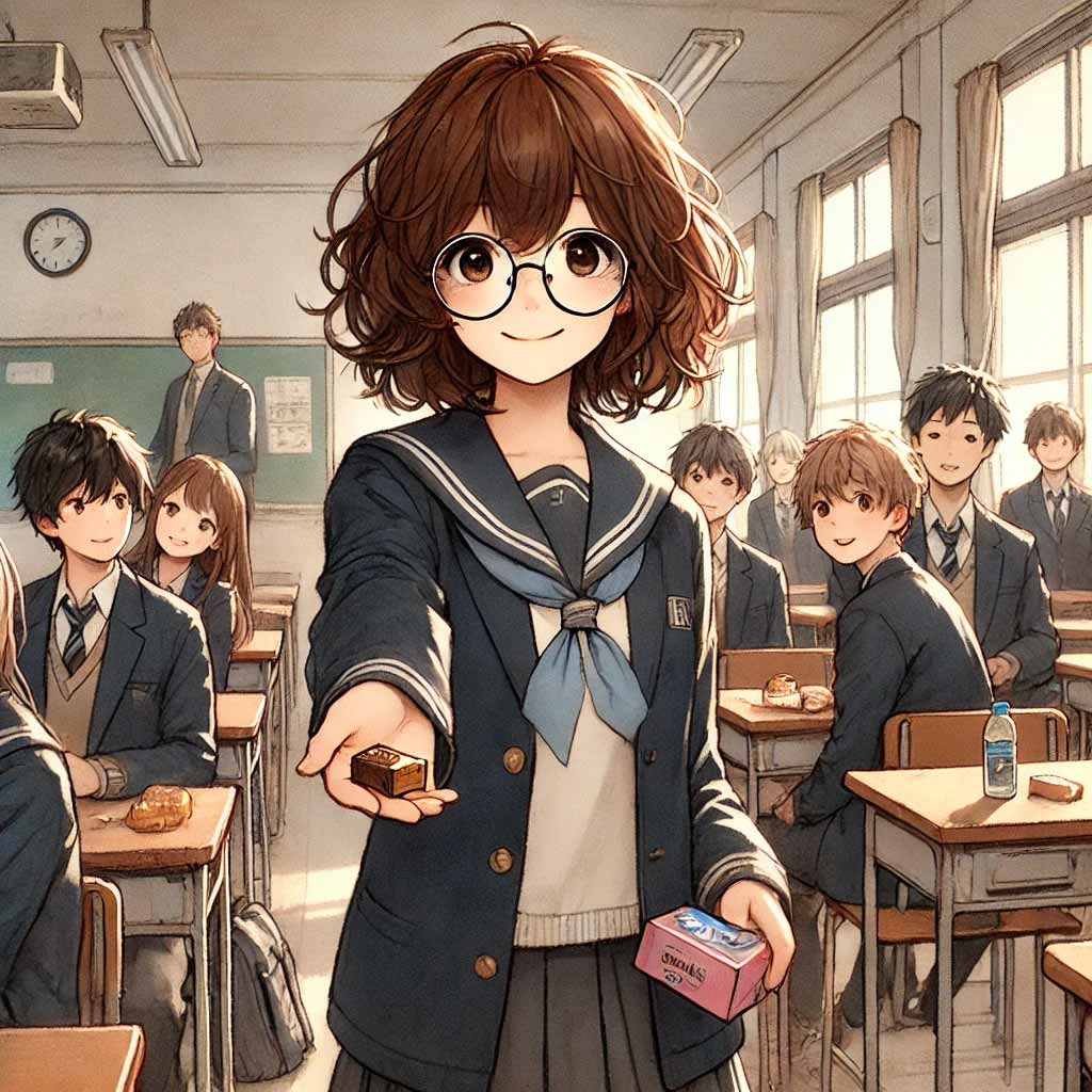 友チョコをみんなに配る女子