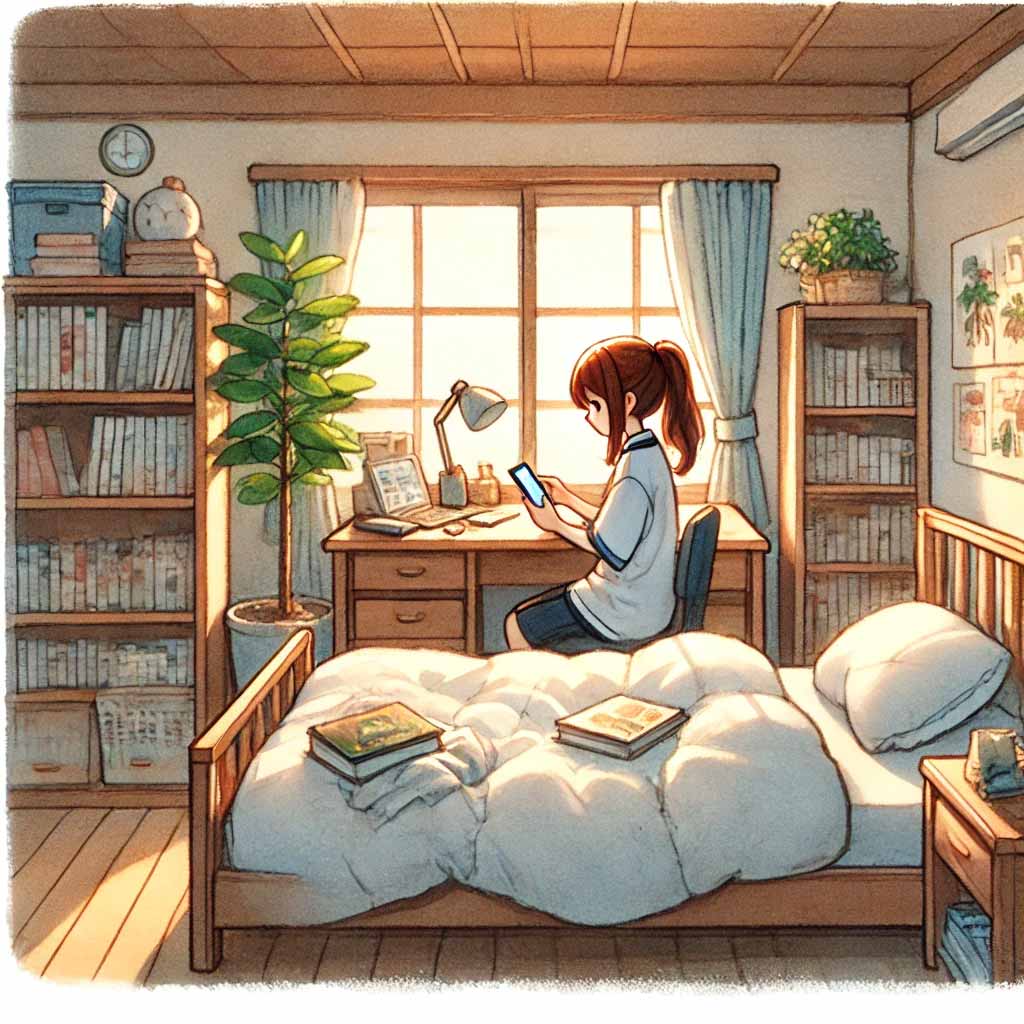 自分の部屋でスマホを使っている女子