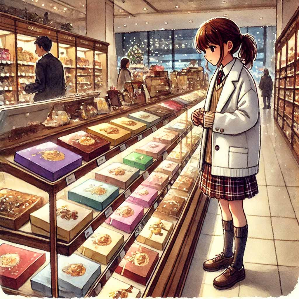 チョコやラッピングを選んでいる女子