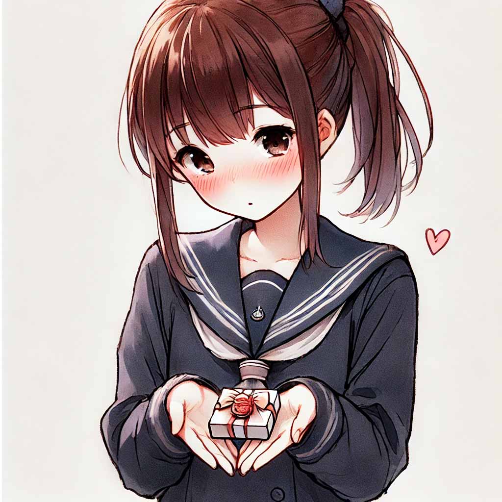 恥ずかしそうに手渡しする女子