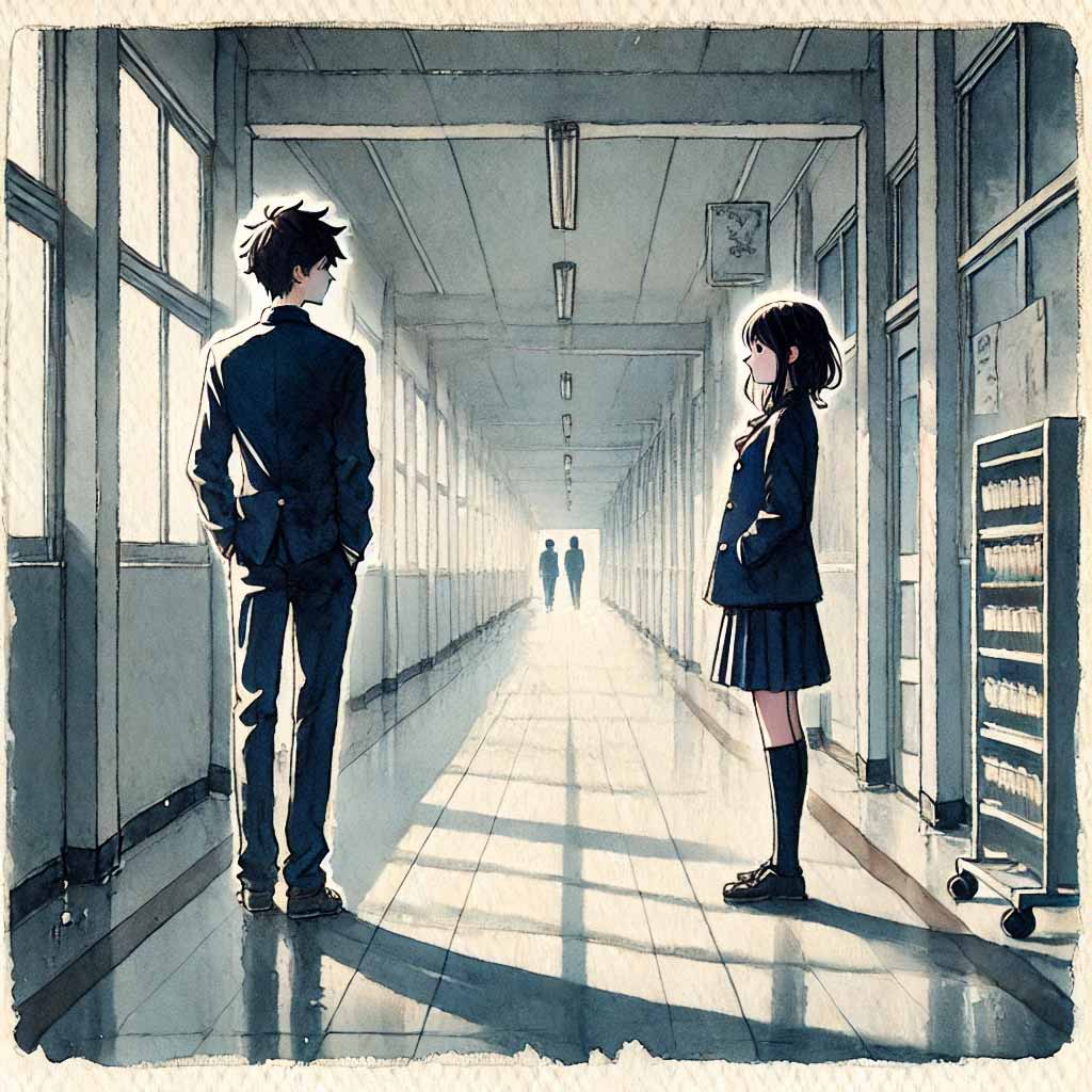 廊下で向き合っている男子女子