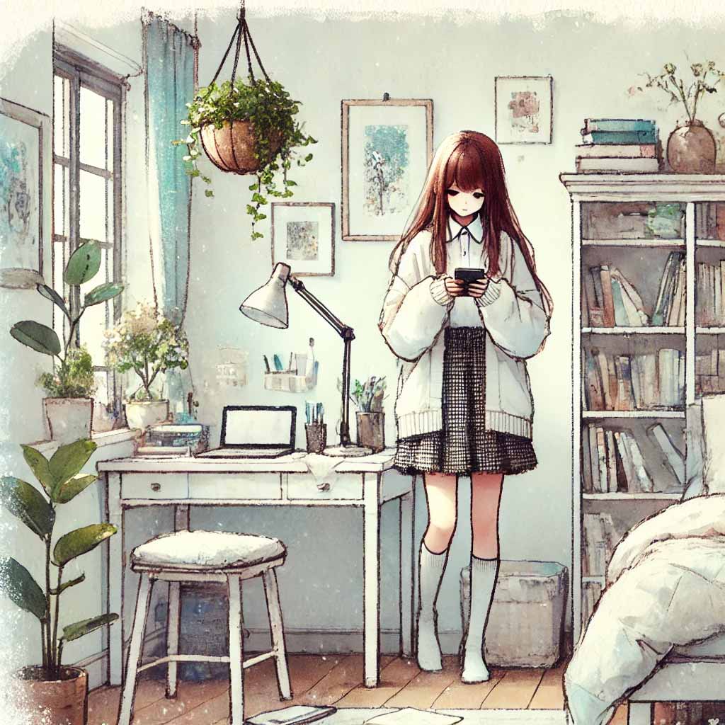 部屋でLINEする女子