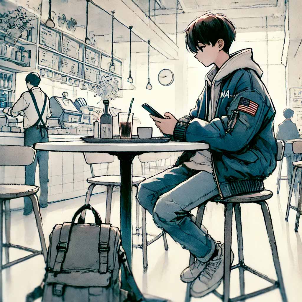 カフェでLINEを受け取る男子