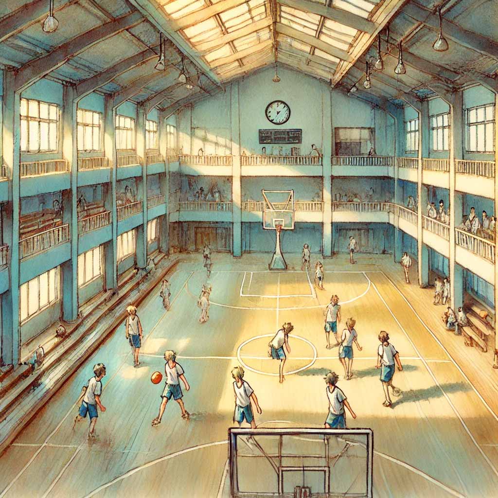 練習中の男子バスケ部