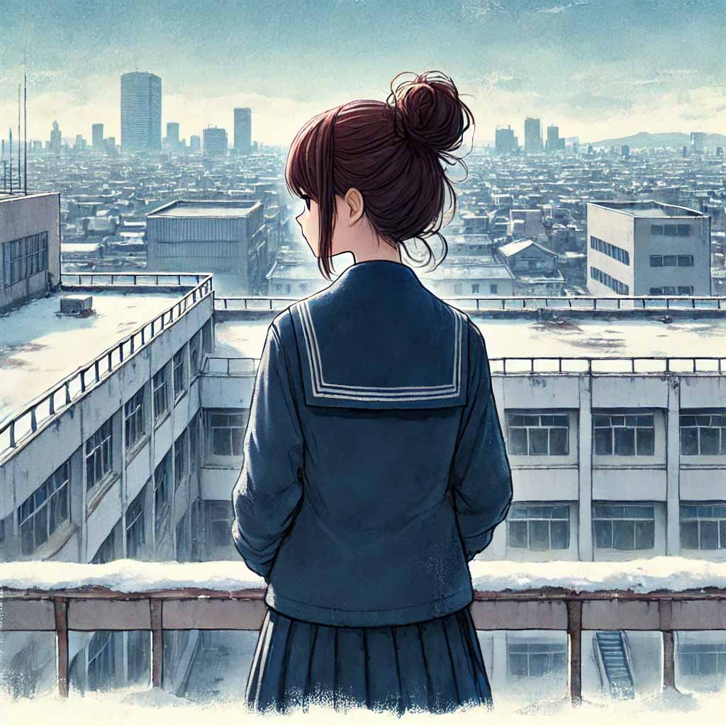 屋上に一人寂しそうな中g買うせい女子