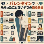 バレンタインでもらったことないやつのあるある10をまとめたインフォグラフィック。中央に泣いてうなだれる男子生徒、左右に下駄箱やSNS、自分チョコなど切ないあるあるを配置。