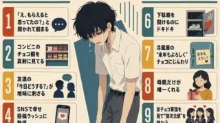 バレンタインでもらったことないやつのあるある10をまとめたインフォグラフィック。中央に泣いてうなだれる男子生徒、左右に下駄箱やSNS、自分チョコなど切ないあるあるを配置。