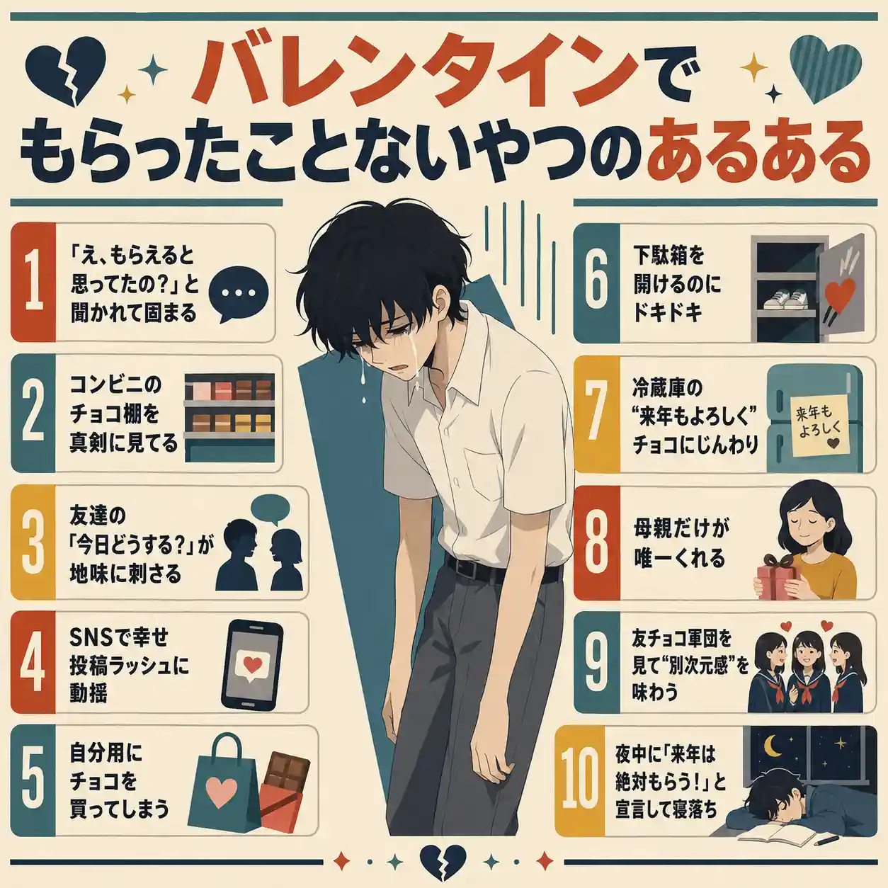 バレンタインでもらったことないやつのあるある10をまとめたインフォグラフィック。中央に泣いてうなだれる男子生徒、左右に下駄箱やSNS、自分チョコなど切ないあるあるを配置。