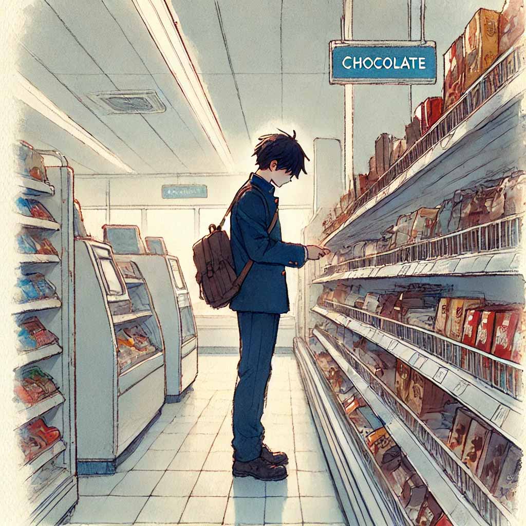 コンビニでチョコを見ている男子中学生