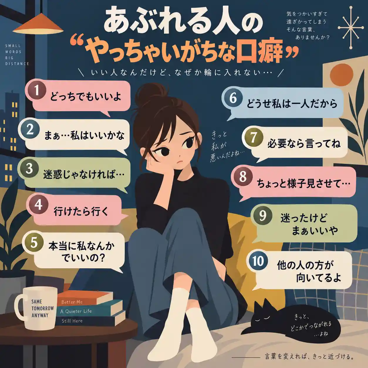 あぶれる人のやっちゃいがちな口癖10選をまとめたインフォグラフィック。寂しげに座る若い女性のまわりに、「どっちでもいいよ」「行けたら行く」など、人間関係で距離を生みやすい言葉が吹き出しで並ぶ。