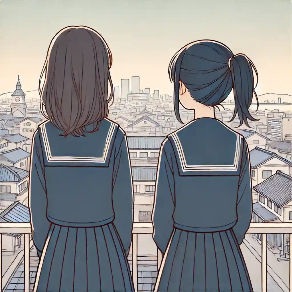 屋上から町を見ている中学生女子