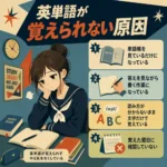 英単語が覚えられない原因を4つに整理したインフォグラフィック。単語帳を見るだけ、答えを見ながら書く、読み方が分からない、翌日に確認しない原因と、やる気をなくした女子生徒を描いている。
