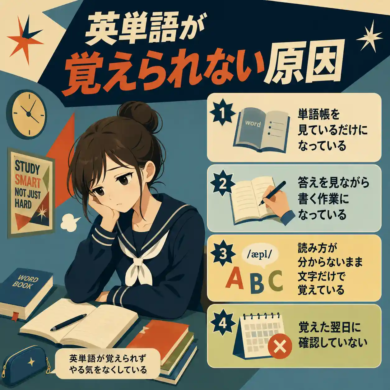 英単語が覚えられない原因を4つに整理したインフォグラフィック。単語帳を見るだけ、答えを見ながら書く、読み方が分からない、翌日に確認しない原因と、やる気をなくした女子生徒を描いている。
