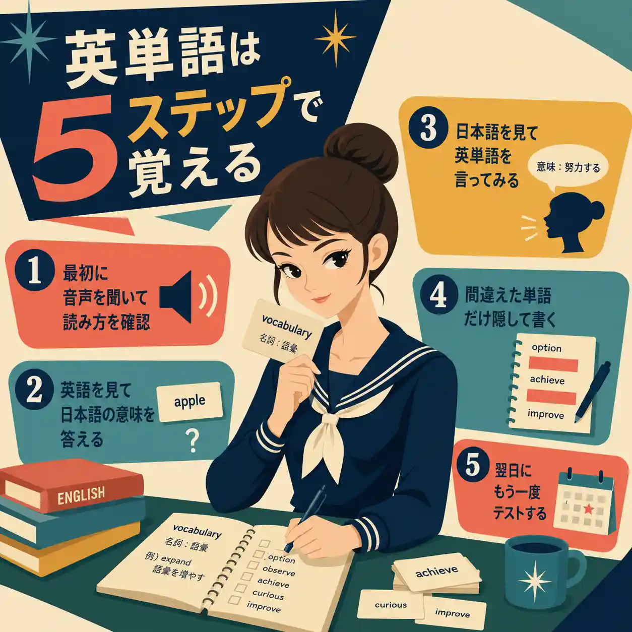 英単語を5ステップで覚える方法を、音声確認・意味回答・英単語を言う・間違いだけ書く・翌日テストの順に示した学習インフォグラフィック。
