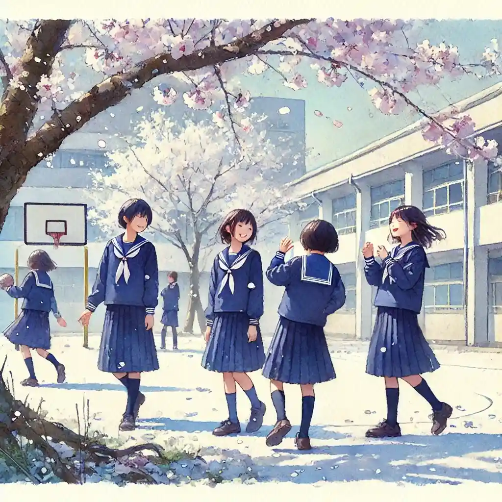 校庭でふざけている女子