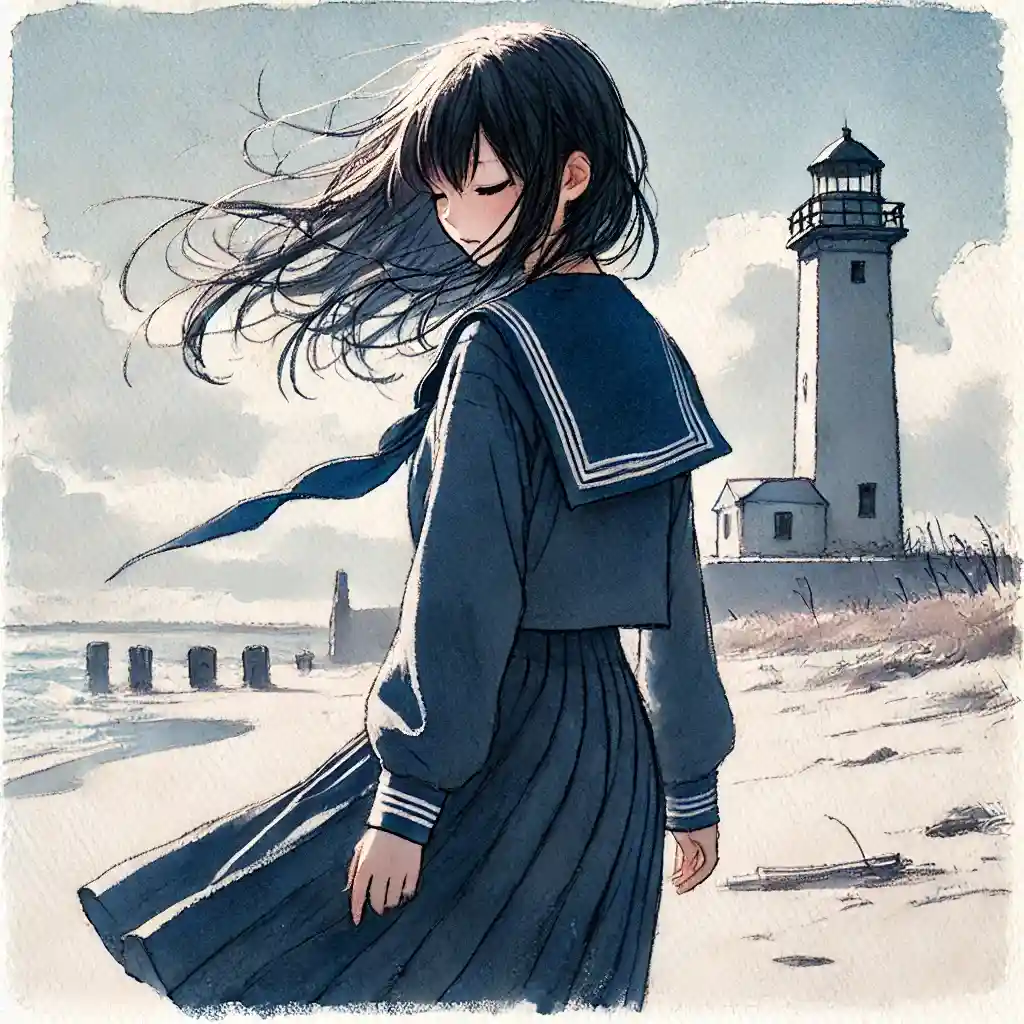 告白に悩み浜辺を歩く女子