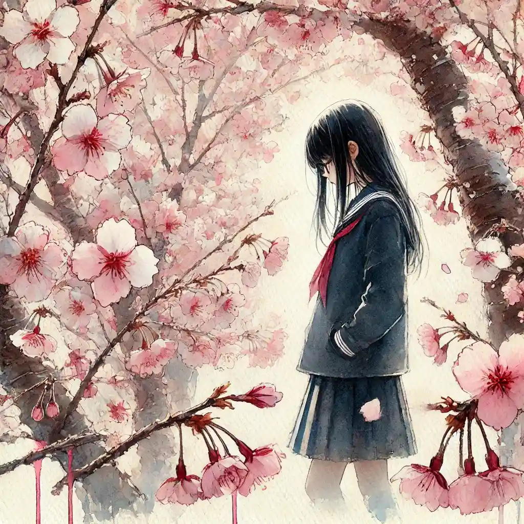 桜の下　中学生女子　一人