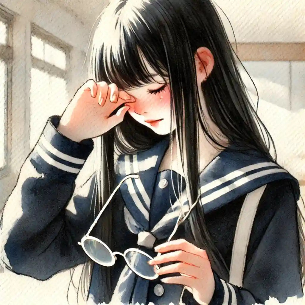 メガネを外して泣いている女子
