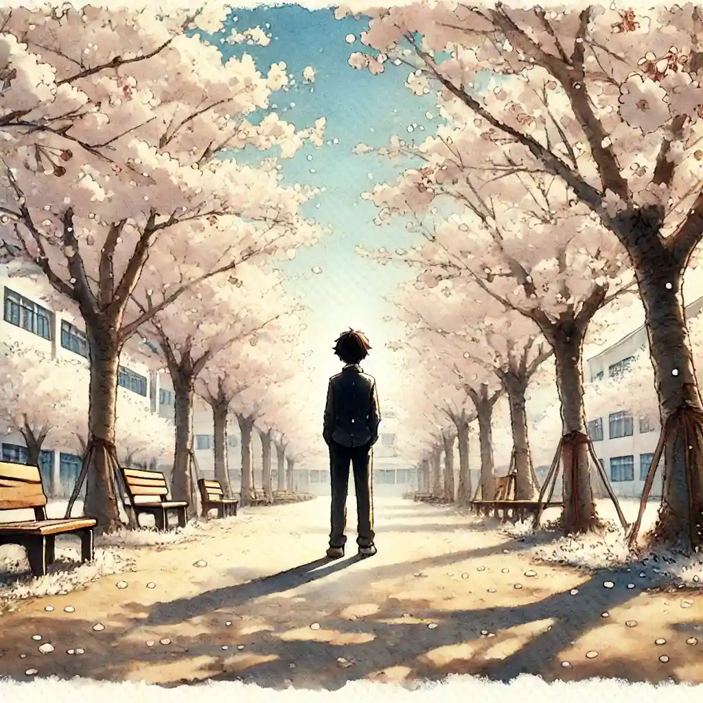 桜並木の中学生男子