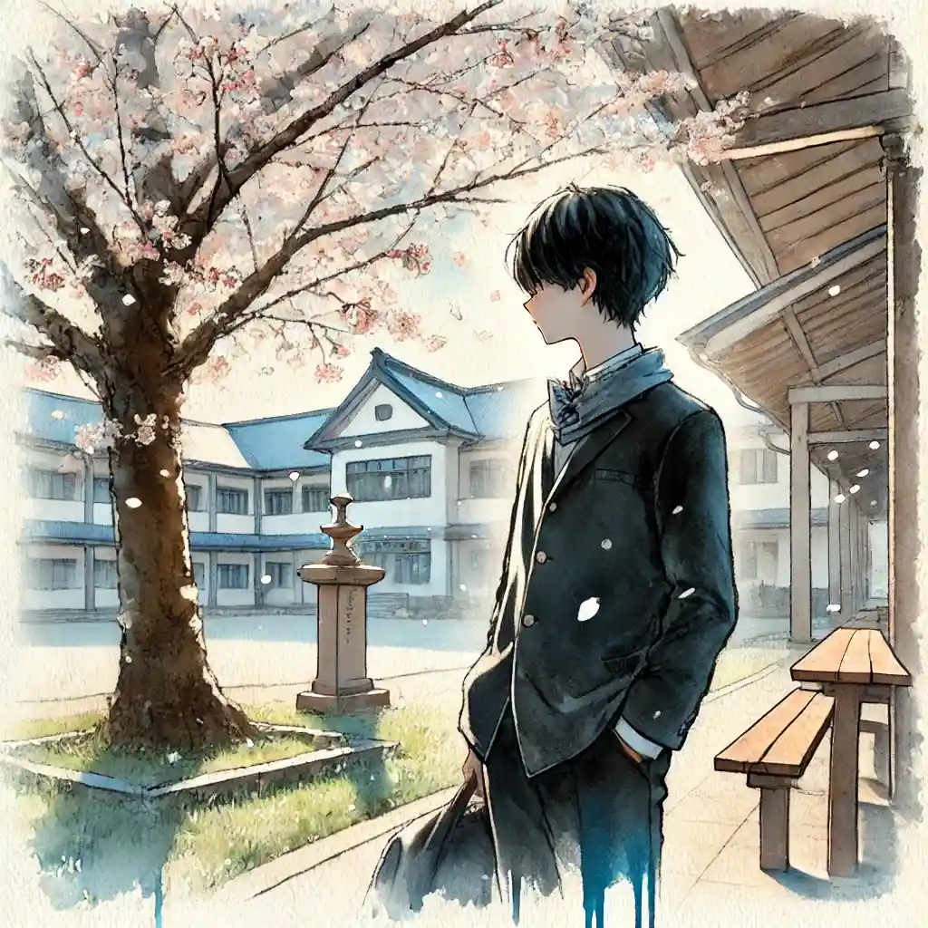 桜の下で通った校舎を見ている中学生男子