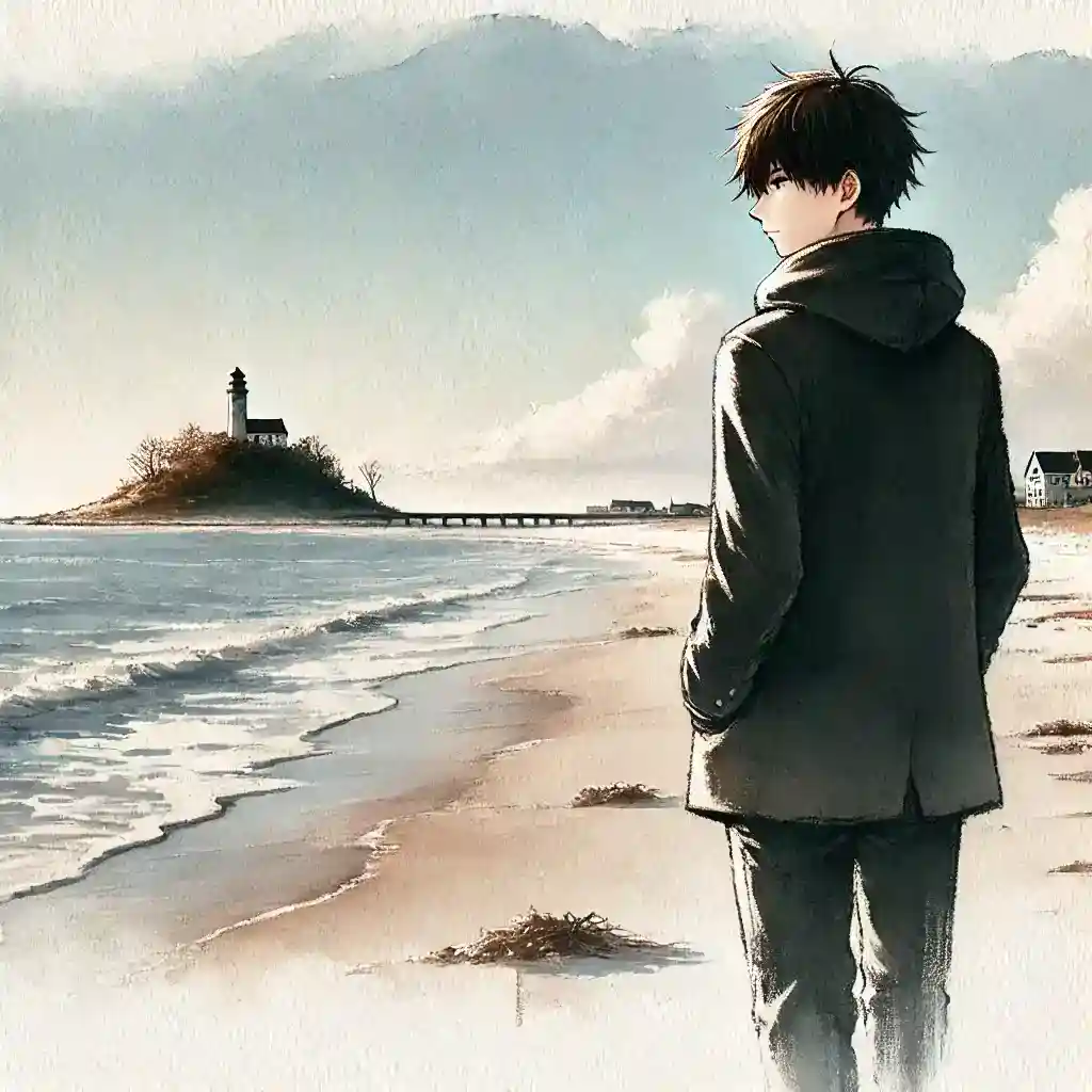 浜辺を歩く中学生男子