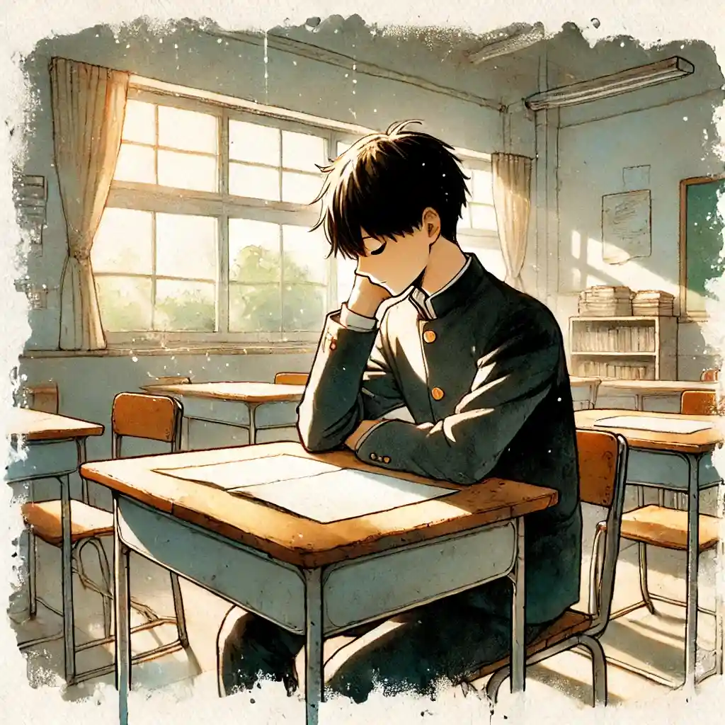 朴添えをついて考えている中学生男子