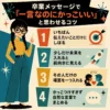 卒業メッセージを一言でかっこよく見せるコツを、三つ編みの女性キャラクターと4つのポイントで示したレトロ調のインフォグラフィック。