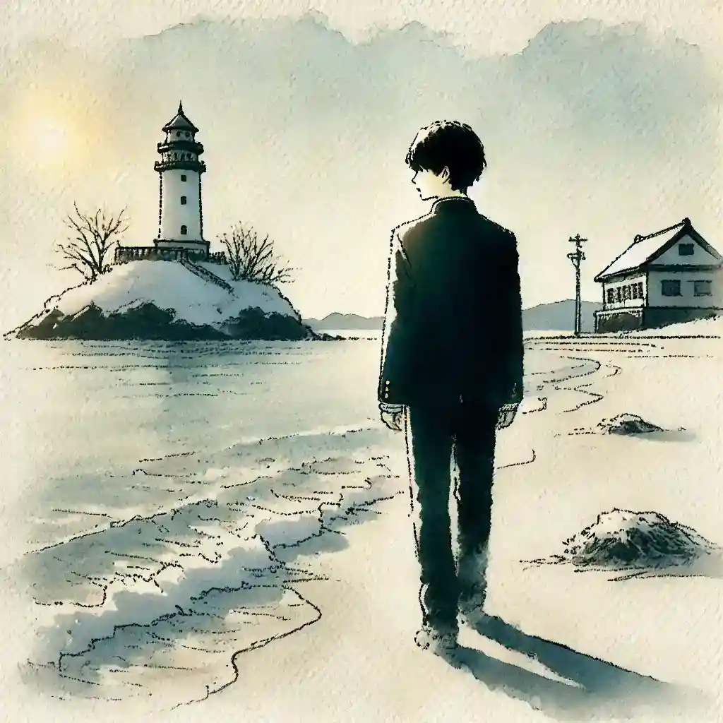 浜辺を歩く中学生男子