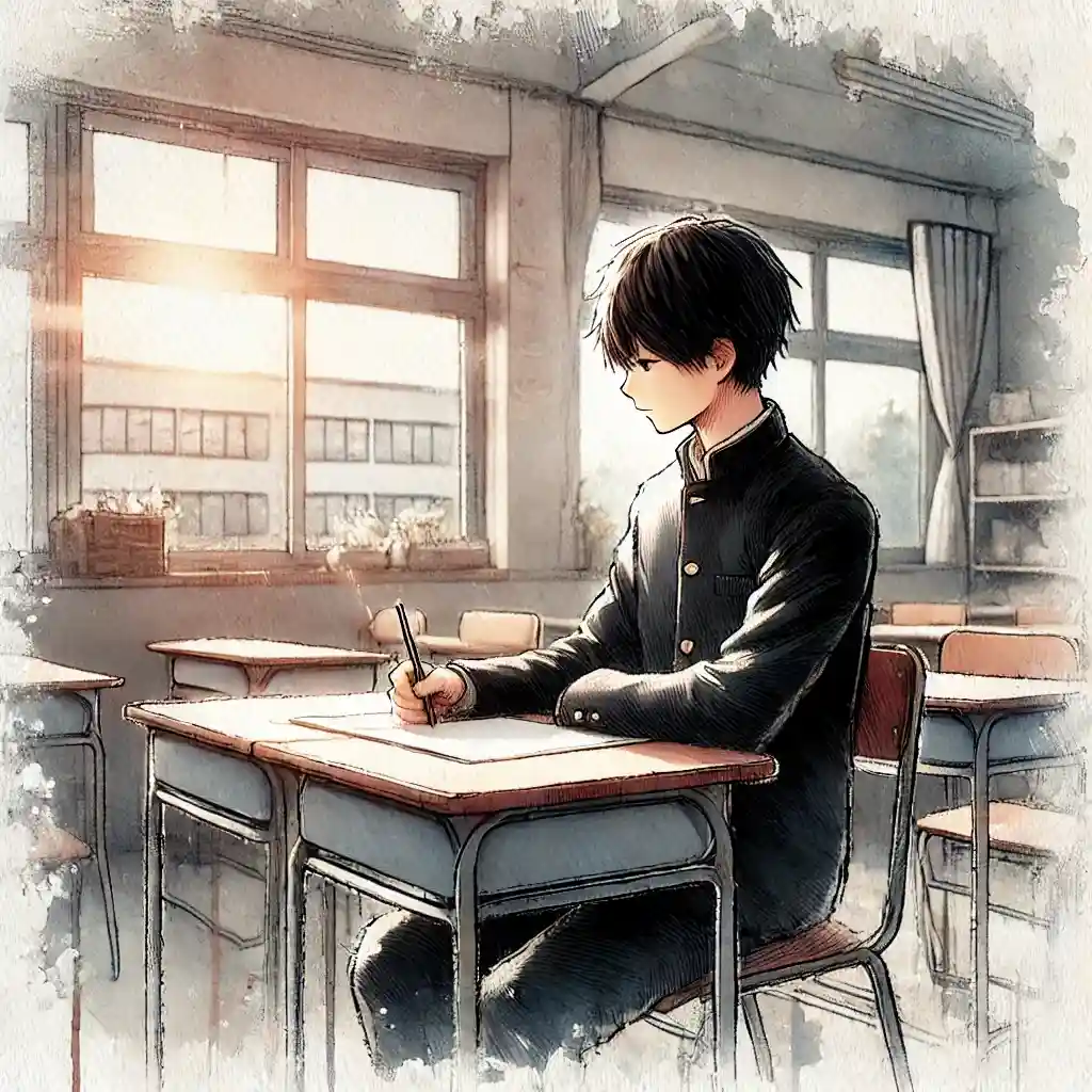 メッセージを書いている男子