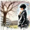 桜の下の中学生男子