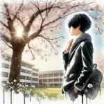 桜の下の中学生男子