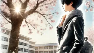 桜の下の中学生男子