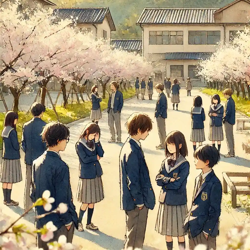 友達や後輩と話す中学生