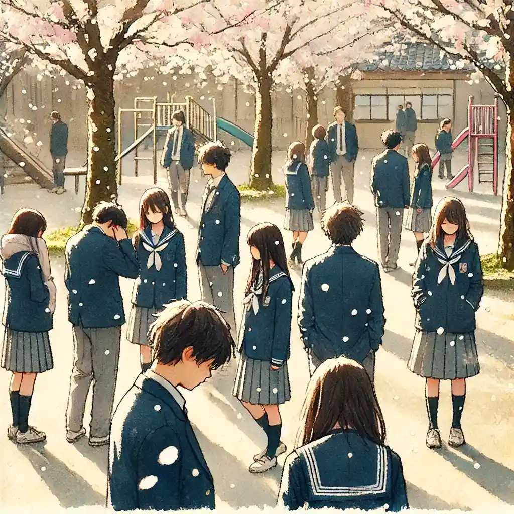 卒業式後後輩や友達と話す中学生たち