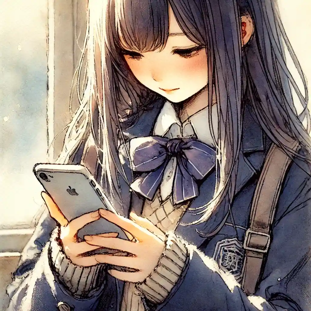 LINEでメッセージする中学生女子