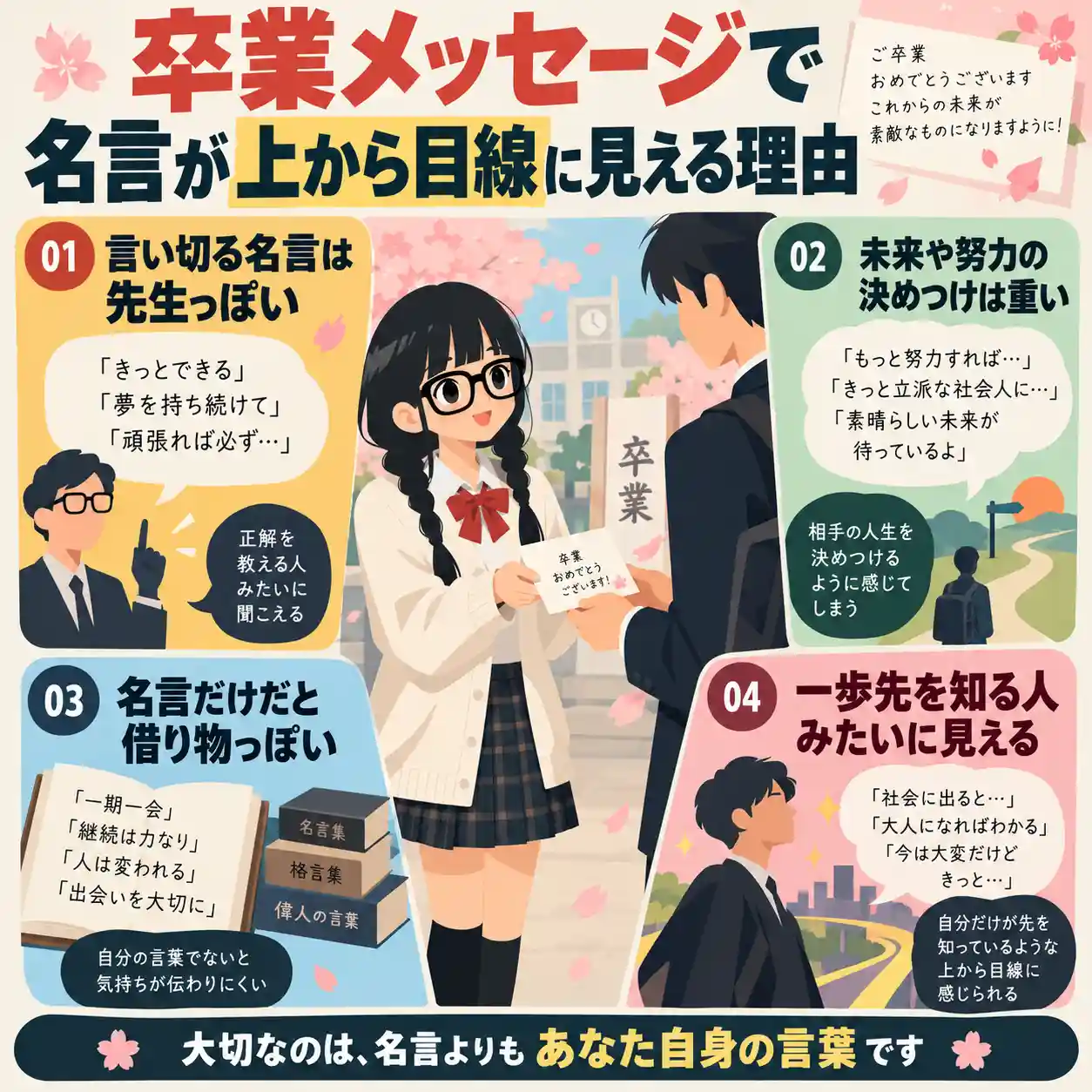 卒業メッセージで名言が上から目線に見える理由を4つに整理し、先輩へメッセージカードを渡す女子中学生を描いたインフォグラフィック