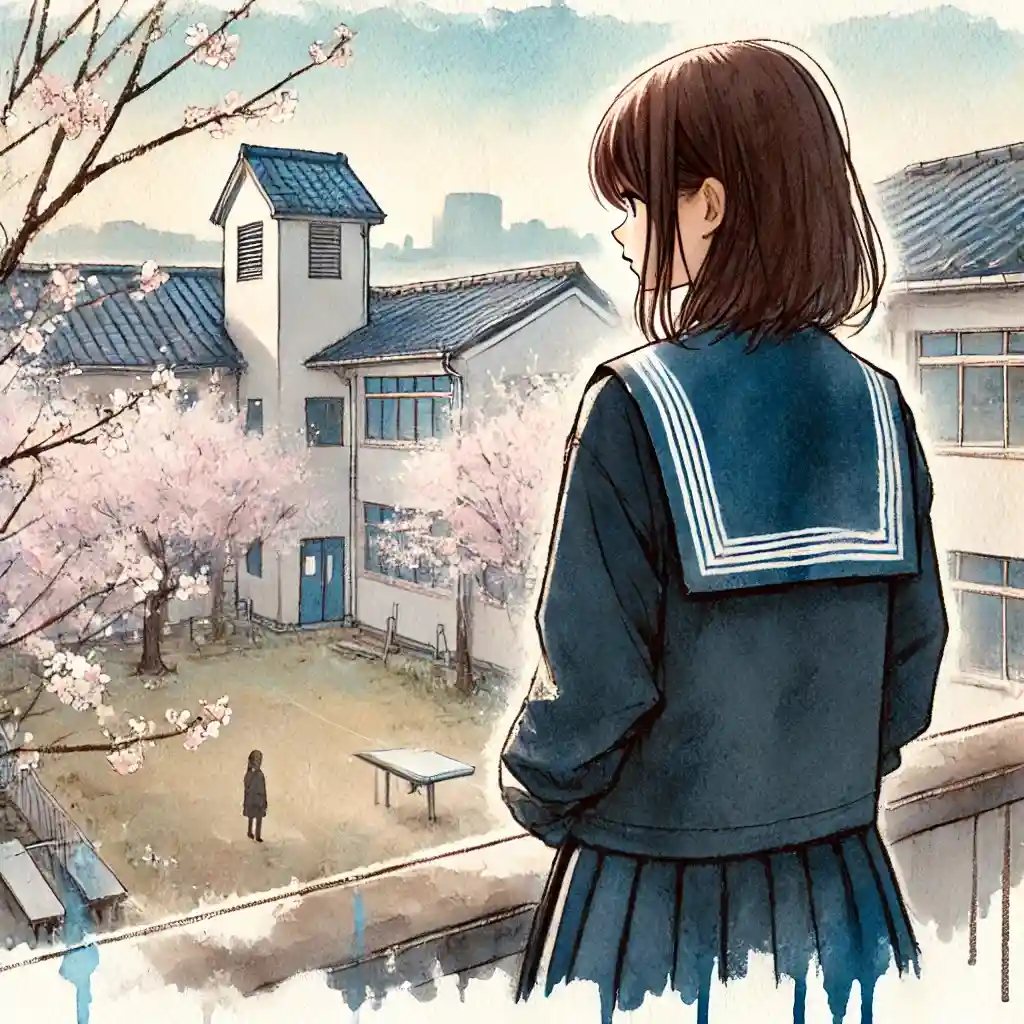 校庭の桜を見ている女子