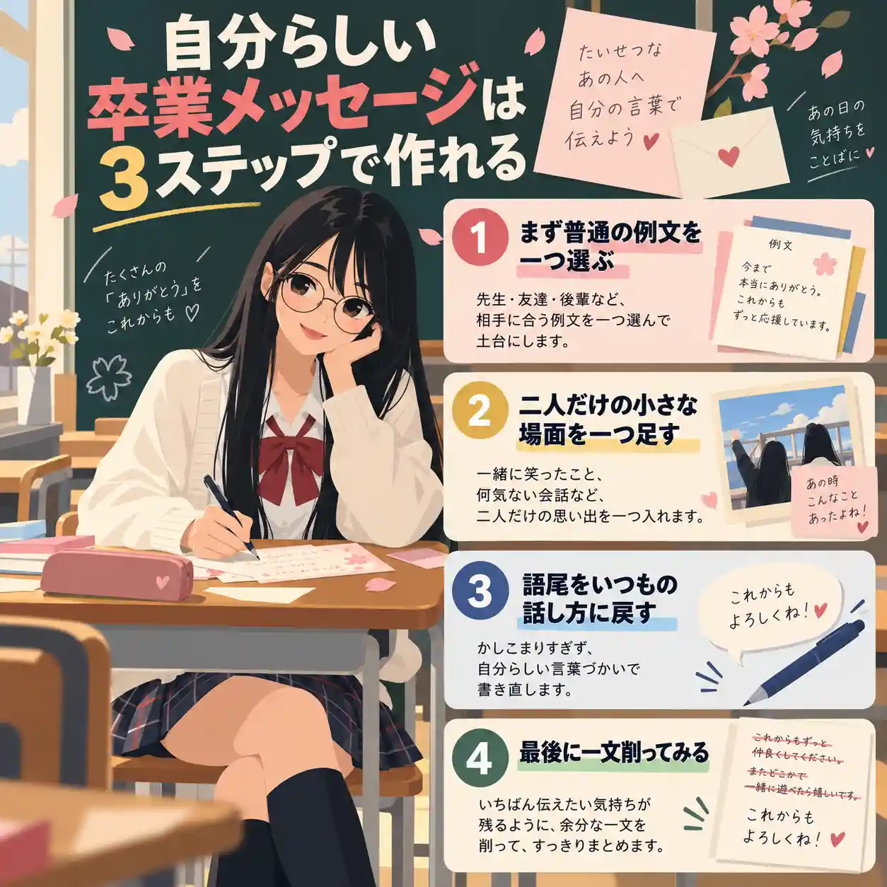 自分らしい卒業メッセージを3ステップで作る方法を紹介するインフォグラフィックと、学校の机で手紙を書く女子生徒